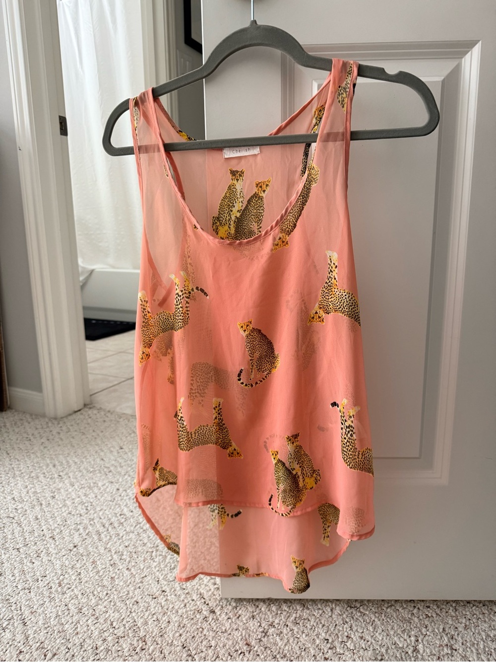 Cherish Coral Pink Sheer Cheetah Print Tank